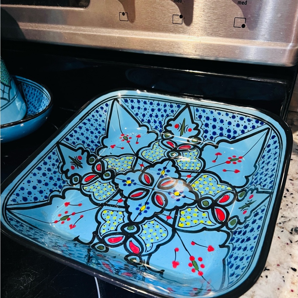 Blue Tunisian Hand painted Large Square Serving Bowl like new!